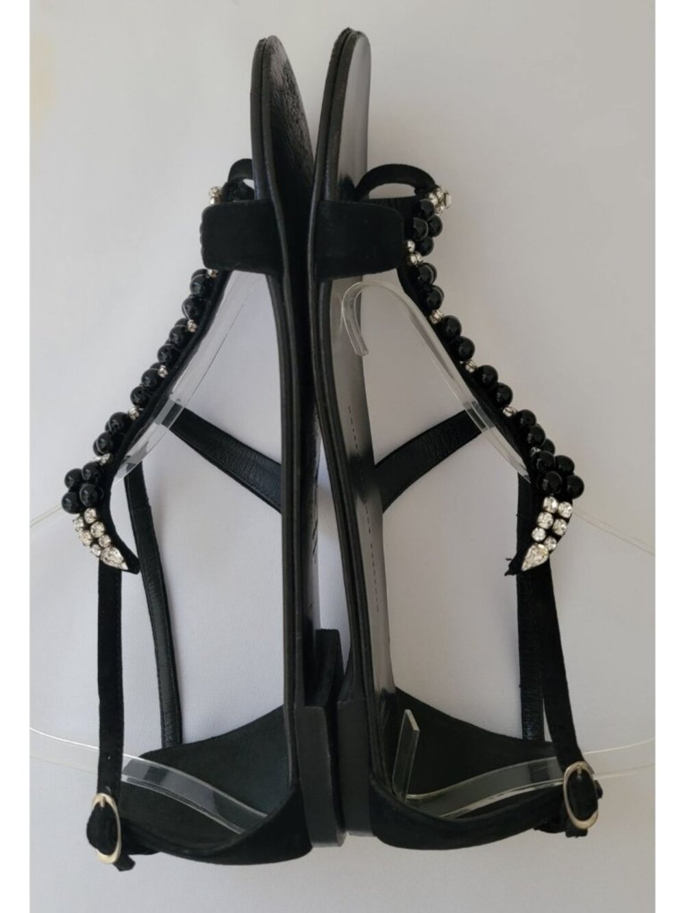 Giuseppe Zanotti Black Leather Strappy Crystal Beaded Flat Sandals Women's Sz 41 - Picture 5 of 9